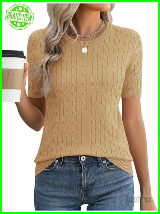 Sweaters - Short Sleeve Cable Knit Crewneck Sweater - Soft Lightweight Knit Top